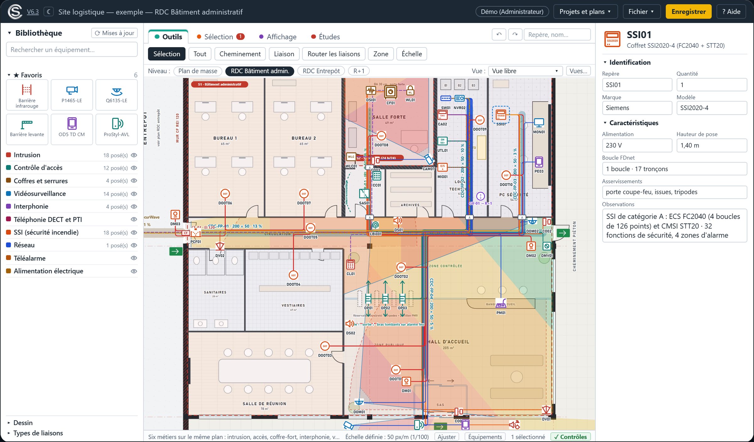 SurConcept en mode clair : bâtiment administratif du site logistique fictif, six métiers et cheminements