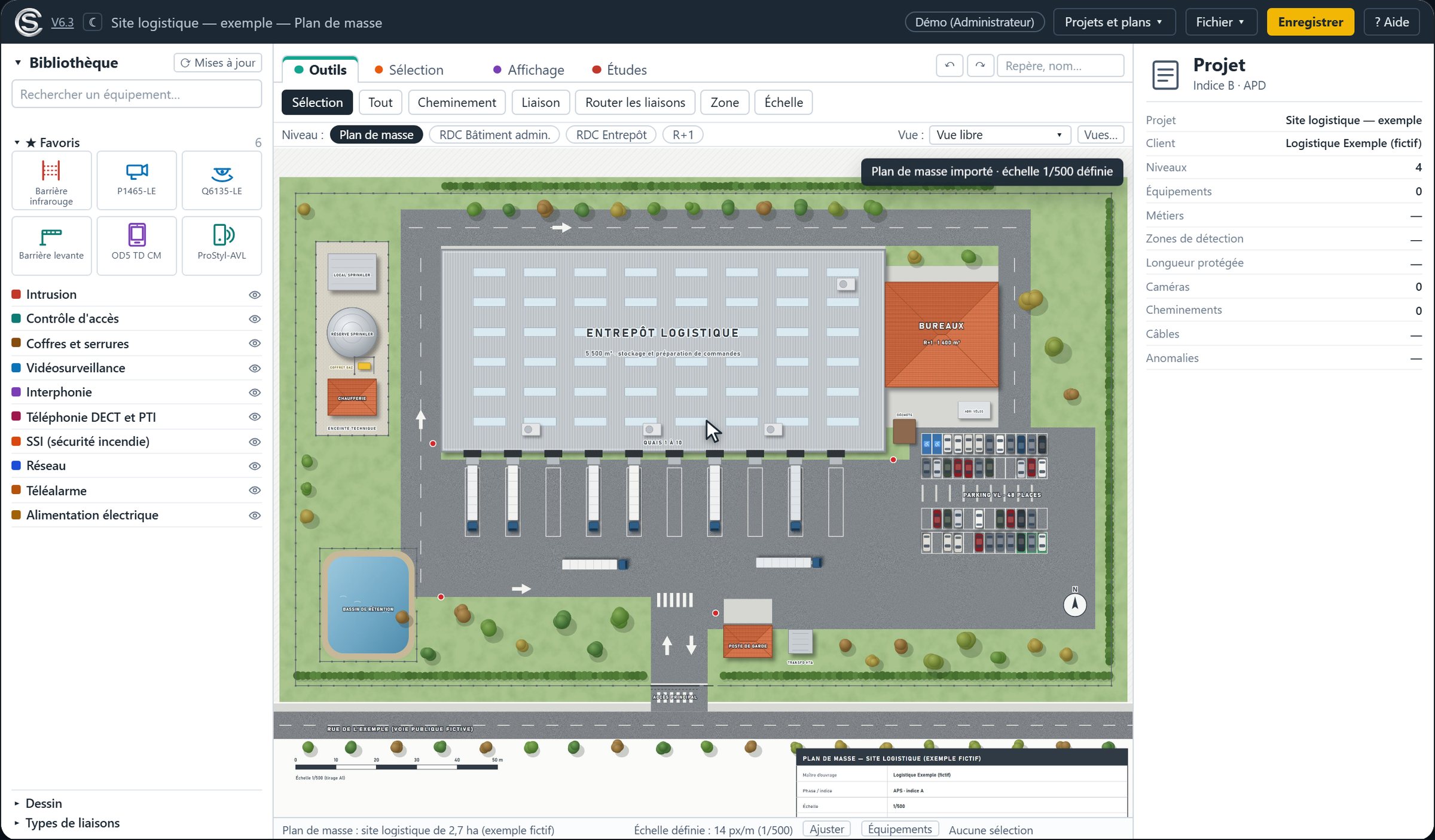 Plan de masse fictif d'un site logistique importé dans SurConcept